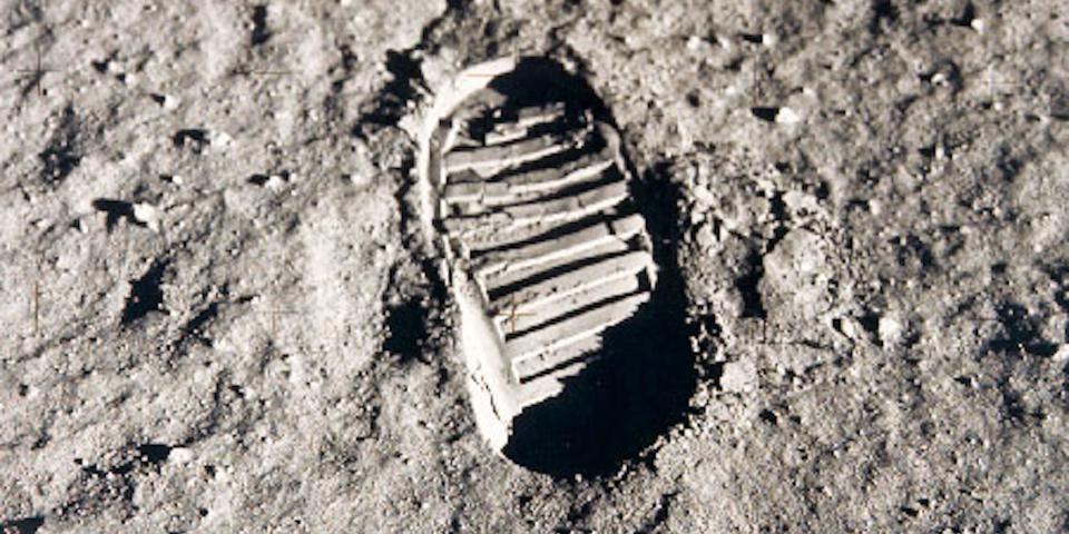A footstep left behind by an astronaut's boot on the regolith on the moon.