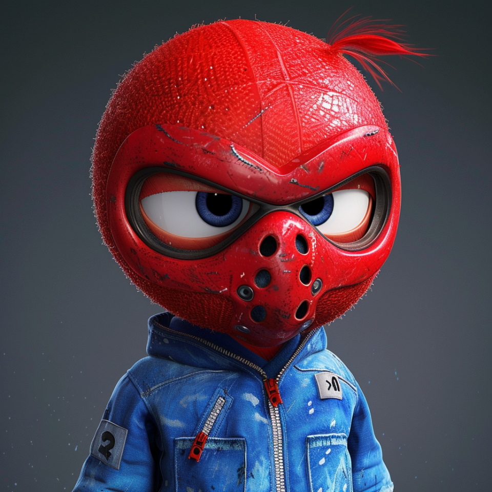Character in a red mask with large eyes and a serious expression wearing a blue jacket