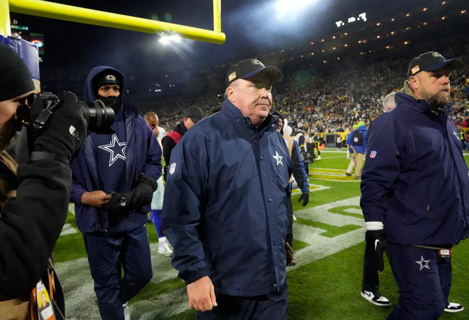 Dallas Cowboys coach Mike McCarthy heads off the field after a 31-28 overtime loss to the Green Bay Packers on Sunday, Nov. 13, 2022, at Lambeau Field in Green Bay.