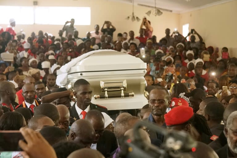 The casket of late opposition leader Morgan Tsvangirai is carried into Mabelreign Methodist Church in Harare for a memorial service