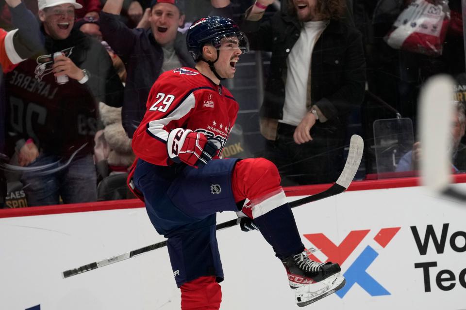 Washington Capitals center Hendrix Lapierre (29) celebrates a goal during the third period of an NHL hockey game against the Columbus Blue Jackets in Washington, Saturday, Nov. 18, 2023. The Capitals beat the Blue Jackets, 4-3. (AP Photo/Susan Walsh)