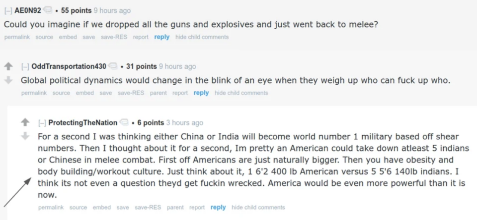 person asking what would happen if wars were just melee combat and another claiming China or India might come out on top due to large populations, though the US might beat them because Americans are "naturally bigger"