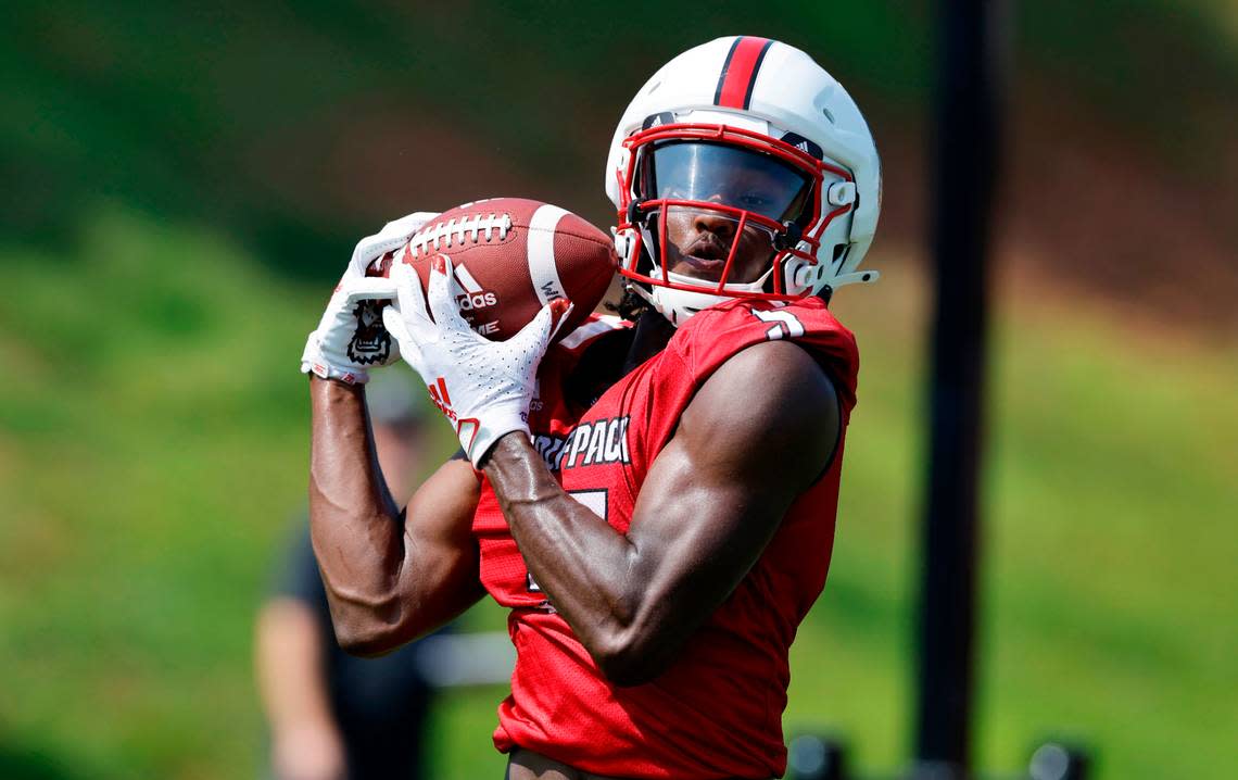 N.C. State wide receiver Noah Rogers (5) pulls in a reception during the Wolfpack’s first practice in Raleigh, N.C., Wednesday, July 31, 2024.