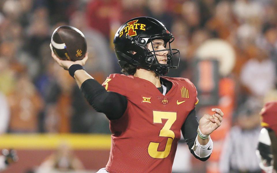 Iowa State Cyclones quarterback Rocco Becht (3) throws a pass against Texas during the first quarter in the Big-12 football showdown at Jack Trice Stadium on Nov. 18, 2023, in Ames, Iowa.