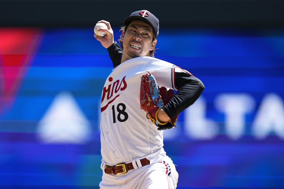 Minnesota Twins starting pitcher Kenta Maeda (18) delivers during the second inning of a baseball game agianst the New York Yankees, Wednesday, April 26, 2023, in Minneapolis. (AP Photo/Abbie Parr)