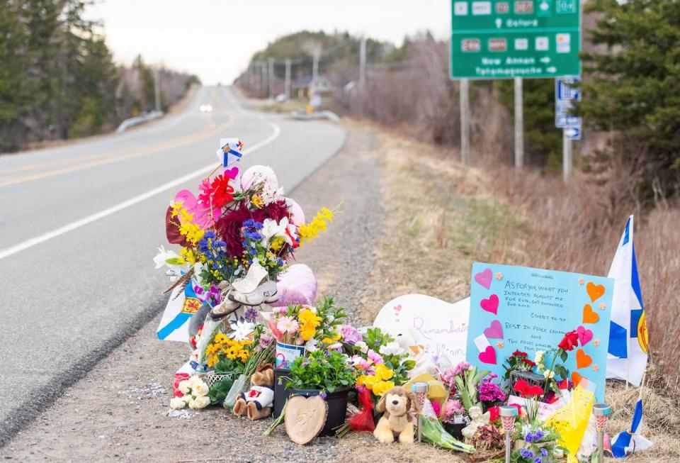 A memorial remembering Lillian Hyslop is seen along the road in Wentworth, N.S. on Friday, April 24, 2020. 22 people are dead after a man went on a murderous rampage in Portapique and several other Nova Scotia communities.