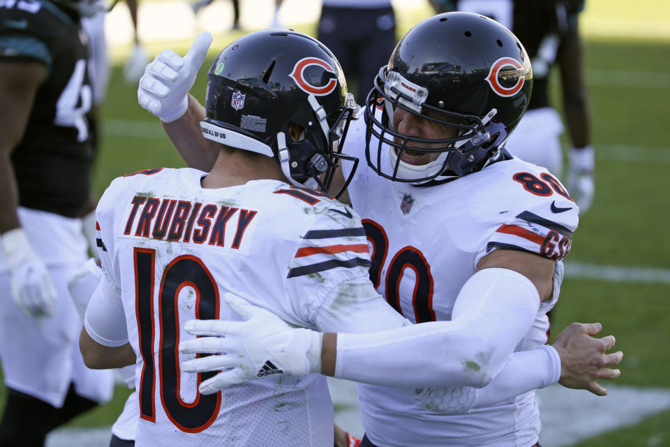 Chicago Bears quarterback Mitchell Trubisky (10) celebrates his touchdown run against the Jacksonville Jaguars with teammate tight end Jimmy Graham during the second half of an NFL football game, Sunday, Dec. 27, 2020, in Jacksonville, Fla. (AP Photo/Stephen B. Morton)