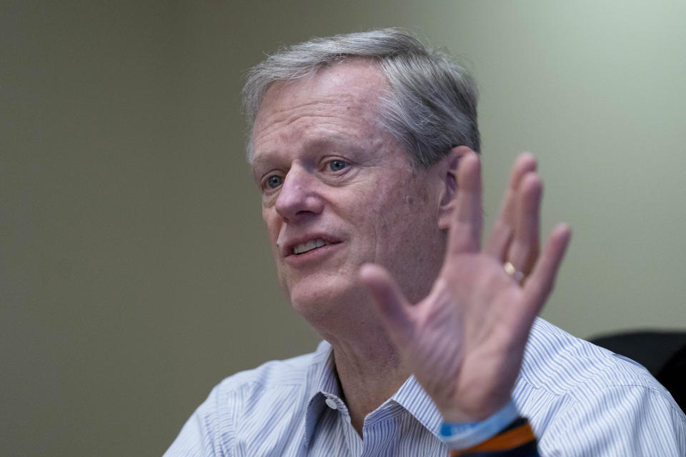 NCAA President Charlie Baker speaks to reporters Friday, Feb. 23, 2024, in Washington. (AP Photo/Stephanie Scarbrough)