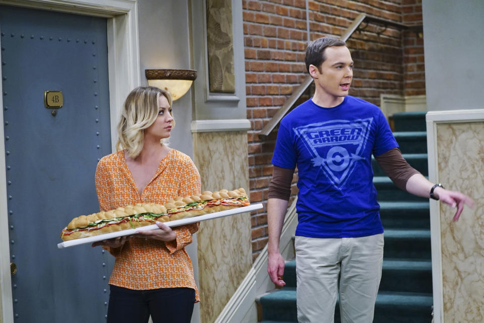 LOS ANGELES - MARCH 29: "The Viewing Party Combustion" --Everyone must choose sides when a small argument between Leonard and Sheldon (Jim Parsons, right) erupts into a heated fight during a group get-together, on THE BIG BANG THEORY, Thursday, April 21 (8:00-8:31 PM, ET/PT) on the CBS Television Network. Also pictured: Kaley Cuoco (left) (Photo by Monty Brinton/CBS via Getty Images) 