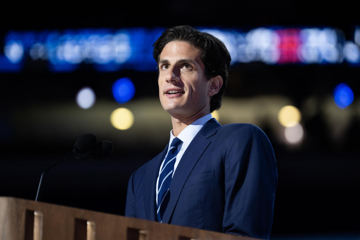 Jack Schlossberg, the grandson of John F. Kennedy, speaks on the second night of the Democratic National Convention on Aug. 20.