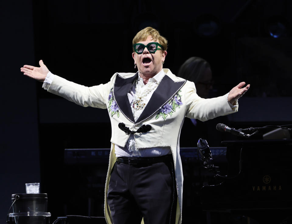 Elton John performs at MetLife Stadium in July 2022.
