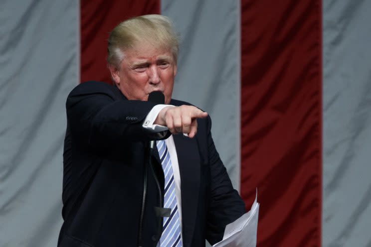 Trump speaks during a campaign rally in Fairfield, Conn., Aug. 13, 2016. (Evan Vucci/AP)