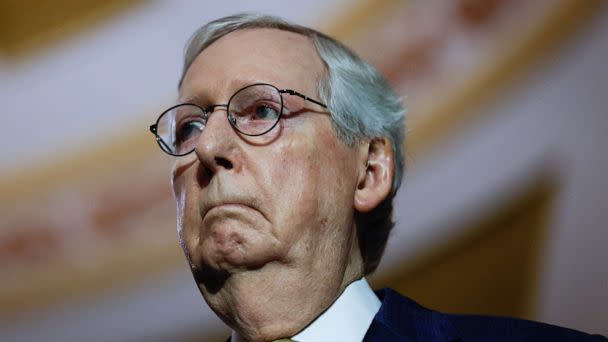 PHOTO: Senate Minority Leader Mitch McConnell (R-KY) listens to his Republican colleagues during the weekly Republican press conference at the U.S. Capitol in Washington, U.S., March 7, 2023. REUTERS/Evelyn Hockstein (Evelyn Hockstein/Reuters)