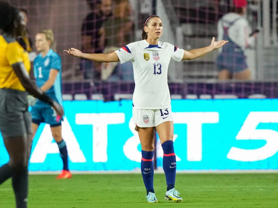 Alex Morgan reacts to a call during the USWNT's friendly vs Germany.