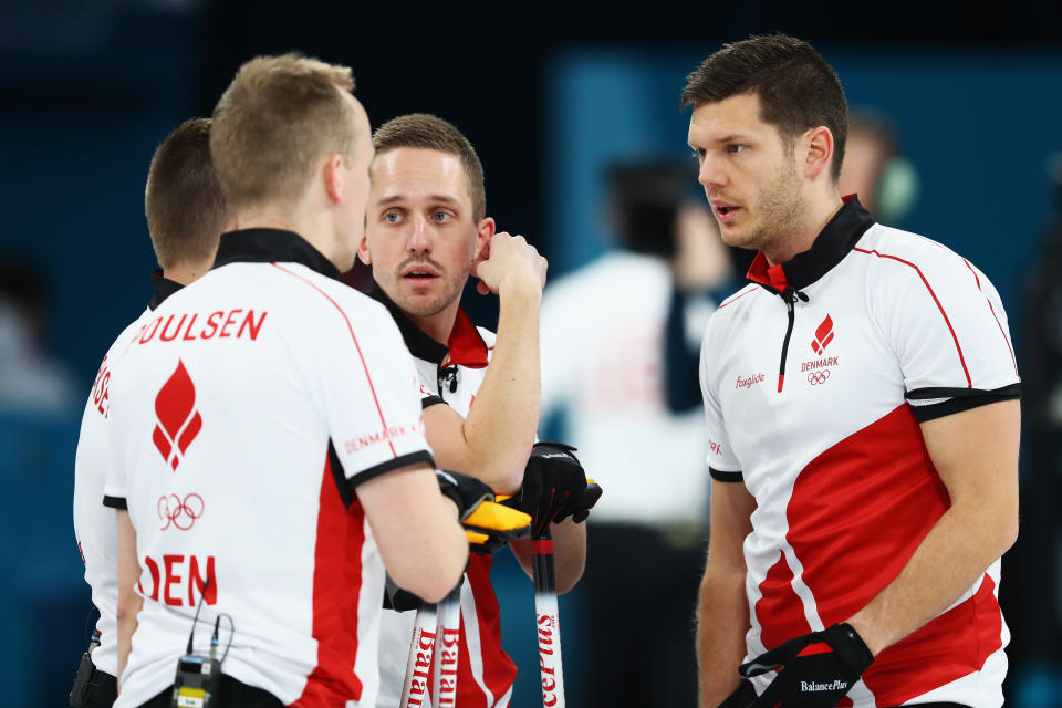 <p>Oliver Dupont, Mikkel Poulsen, Johnny Frederiksen and Rasmus Stjerne of Denmark compete in the Curling Men’s Round Robin Session 4 held at Gangneung Curling Centre on February 16, 2018 in Gangneung, South Korea </p>