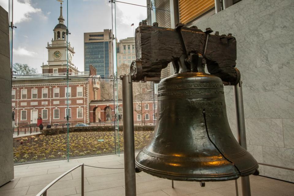 The Liberty Bell and Independence Hall in the background via Getty Images