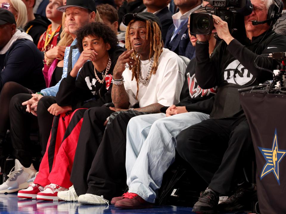 Lil Wayne sits courtside during the 73rd NBA All-Star Game at Gainbridge Fieldhouse on February 18, 2024 in Indianapolis, Indiana.