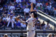 Houston Astros relief pitcher Ryan Pressly reacts after striking out New York Mets' Francisco Lindor during the ninth inning of a baseball game, Wednesday, June 29, 2022, in New York. The Astros won 2-0. (AP Photo/Mary Altaffer)