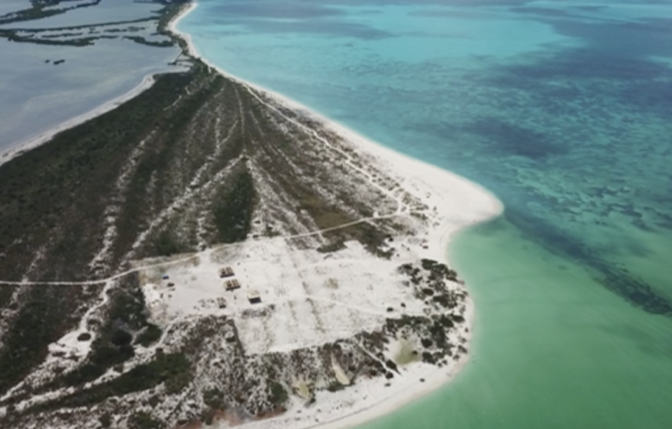 A still from drone footage, captured in May 2023, of the luxury villa construction at Cedar Tree Point inside the protected area of Codrington Lagoon National Park (Global Legal Action Network)