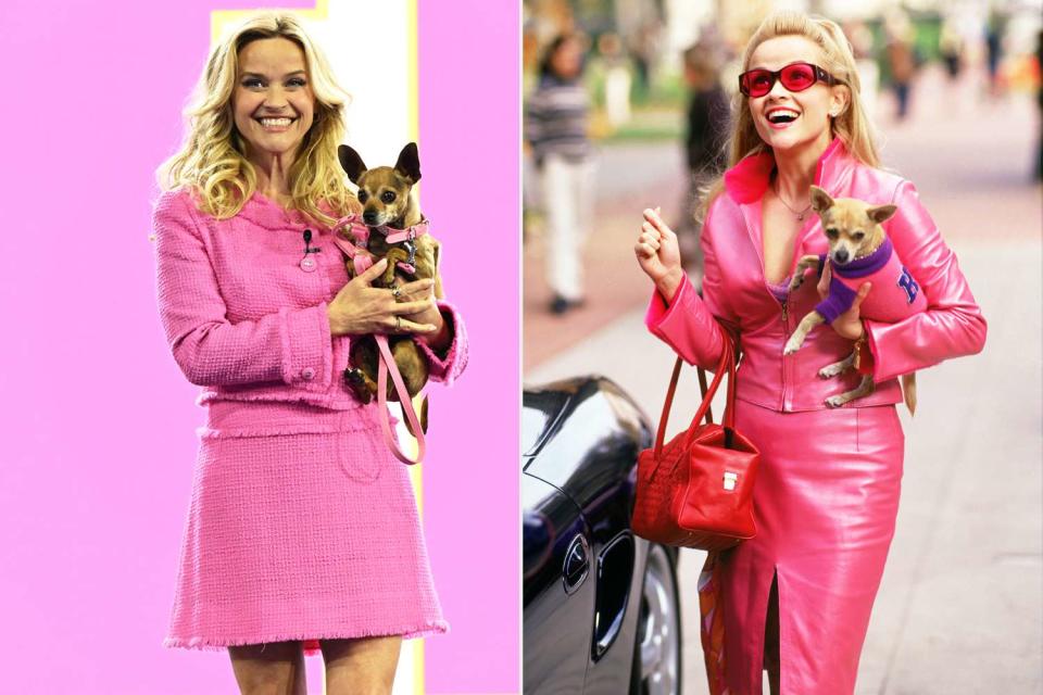 <p>Slaven Vlasic/Getty;  Alamy</p> Reese Witherspoon dresses up as Elle Woods to announce "Legally Blonde" prequel