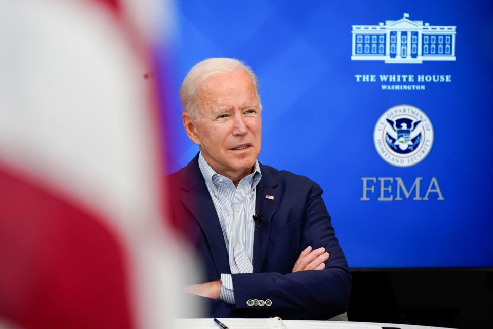 President Joe Biden listens during a FEMA briefing on Hurricane Ida in the South Court Auditorium in the Eisenhower Executive Office Building on the White House Campus, Saturday, Aug. 28, 2021, in Washington. (AP Photo/Manuel Balce Ceneta) (Copyright 2021 The Associated Press. All rights reserved.)