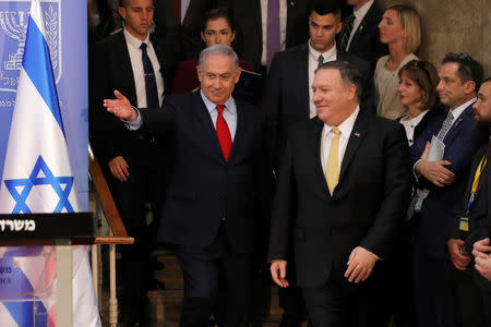 U.S. Secretary of State Mike Pompeo and Israeli Prime Minister Benjamin Netanyahu arrive to deliver joint statements during their meeting in Jerusalem March 20, 2019. REUTERS/Jim Young/Pool