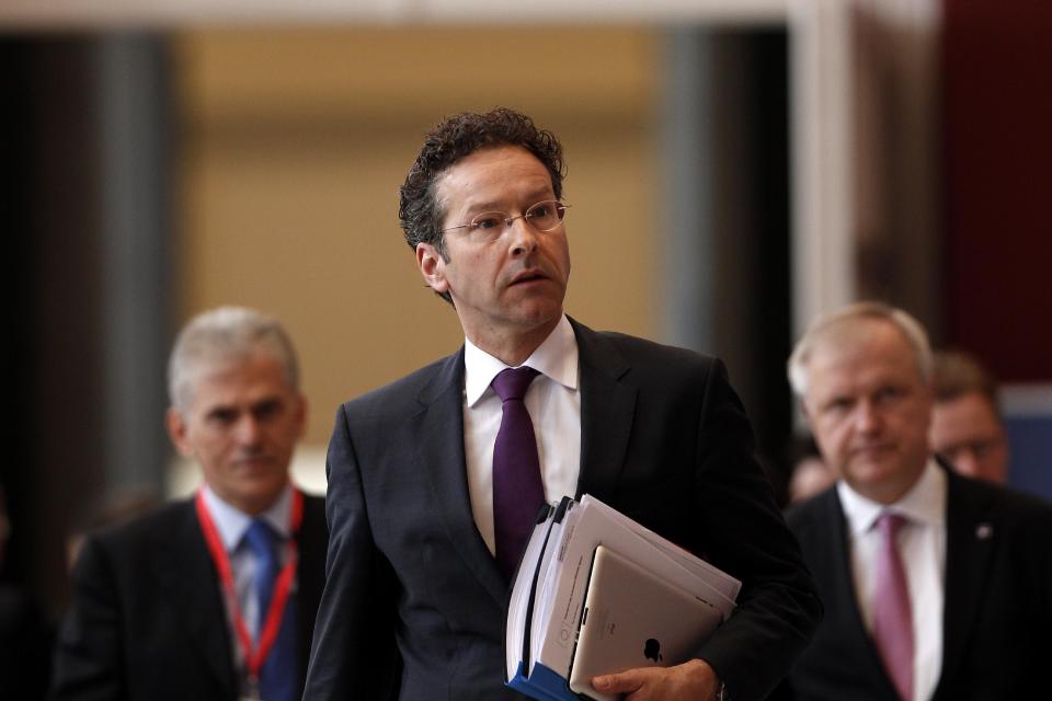 Eurogroup President Jeroen Dijsselbloem arrives for a press conference after a Eurogroup meeting at Zappeion Hall in Athens, Tuesday, April 1, 2014. Finance ministers from the eurozone and the wider European Union are gathering in Athens amid tight security, with Greece hoping for a gesture of support for the release of long-delayed funds from the country's multi-billion-euro bailout. (AP Photo/Kostas Tsironis)