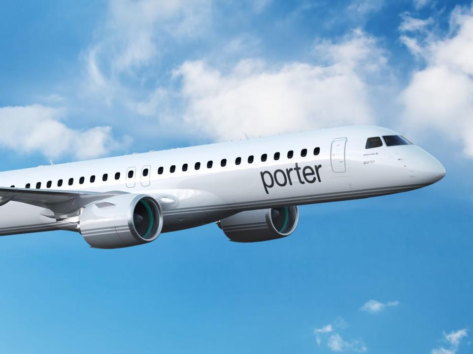 An Embraer E195-E2 aircraft rendering in Porter Airlines colors - Embraer E195-E2