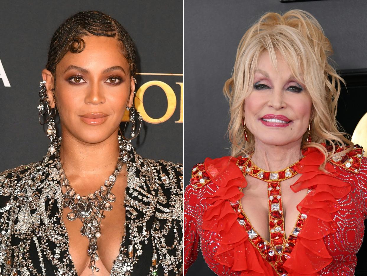 Beyoncé at the Dolby theatre on July 9, 2019 in Hollywood, and Dolly Parton on Feb. 10, 2019, in Los Angeles.