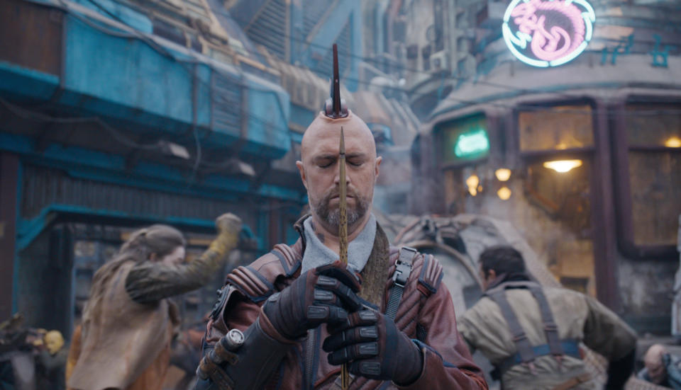 This image released by Marvel Studios shows Sean Gunn as Kraglin in a scene from "Guardians of the Galaxy Vol. 3." (Marvel Studios-Disney via AP)