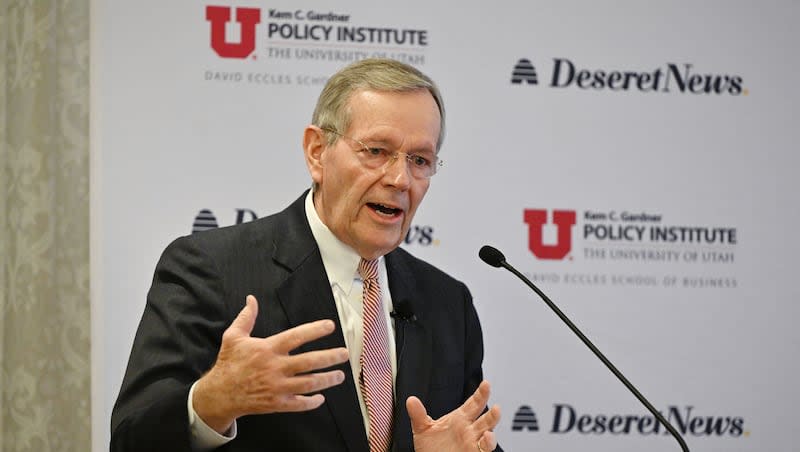 Former Gov. Michael Leavitt speaks as Utah policy experts gather for discussions hosted by the University of Utah’s Kem C. Gardner Policy Institute at the Thomas S. Monson Center in Salt Lake City on Monday, March 18, 2024.