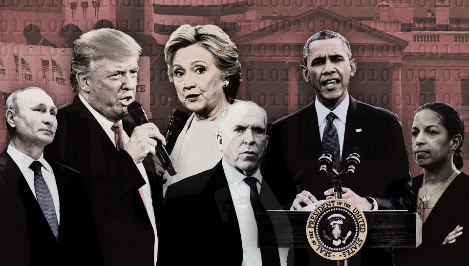 Russian President Vladimir Putin, presidential candidates Donald Trump and Hillary Clinton, CIA director John Brennan, President Barack Obama and national security adviser Susan Rice. (Photo-illustration: Kelli R. Grant/Yahoo News; photos: AP (7), Getty Images)