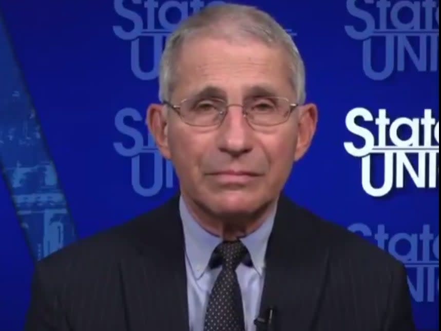 <p>Dr Anthony Fauci talking to anchor Dana Bush during State of the Union on Sunday 27 December 2020.</p> ((CNN))