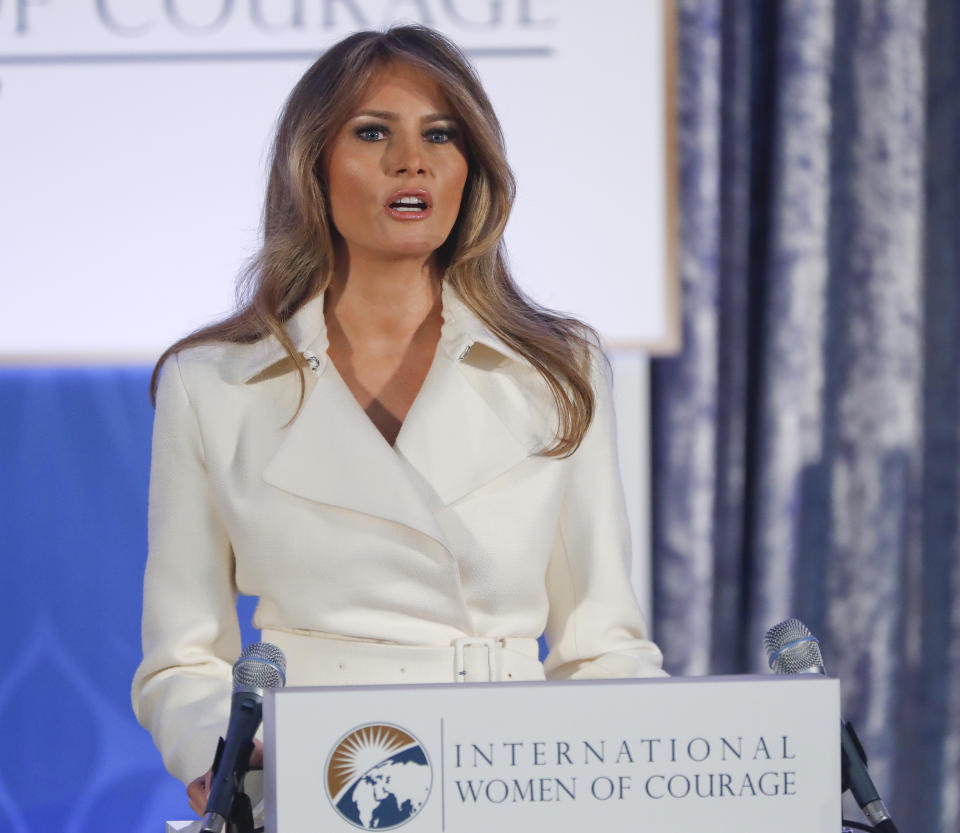 First lady Melania Trump speaks before presenting the 2017 Secretary's of State's International Women of Courage (IWOC) Awards, Wednesday, March 29, 2017, at the State Department in Washington. (AP Photo/Pablo Martinez Monsivais)