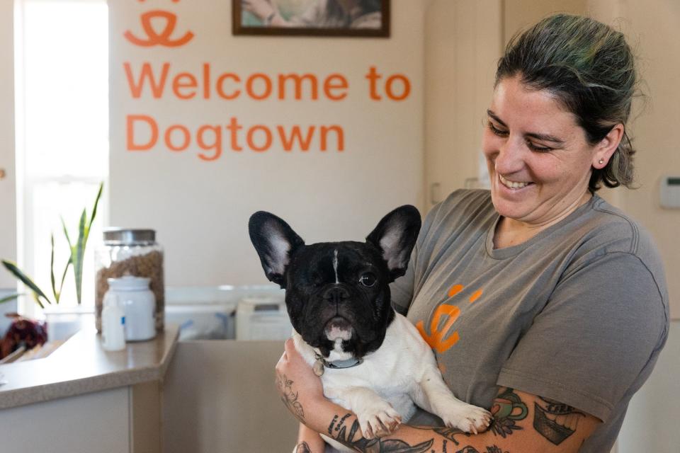 Director at Dogtown Alison Waszmer holds her one-eyed Frenchie Cy at Best Friends Animal Sanctuary in Kanab on Wednesday, July 26, 2023. | Megan Nielsen, Deseret News