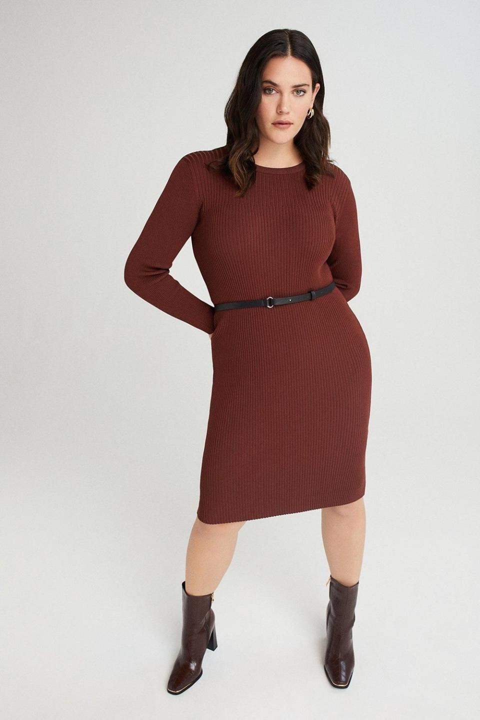 Curve Knitted Rib Dress with Skinny Belt