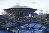 Rain has postponed play during the third round at the Western & Southern Open tennis tournament Tuesday, Aug. 25, 2020, in New York. (AP Photo/Frank Franklin II)