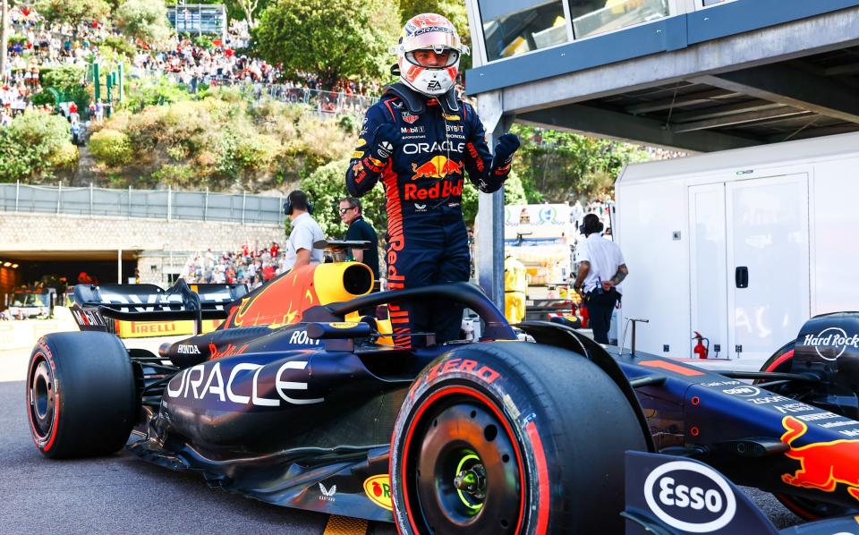 Pole position qualifier Max Verstappen of the Netherlands and Oracle Red Bull Racing celebrates in parc ferme during qualifying ahead of the F1 Grand Prix of Monaco at Circuit de Monaco on May 27, 2023 in Monte-Carlo, Monaco - Mark Thompson/Getty Images