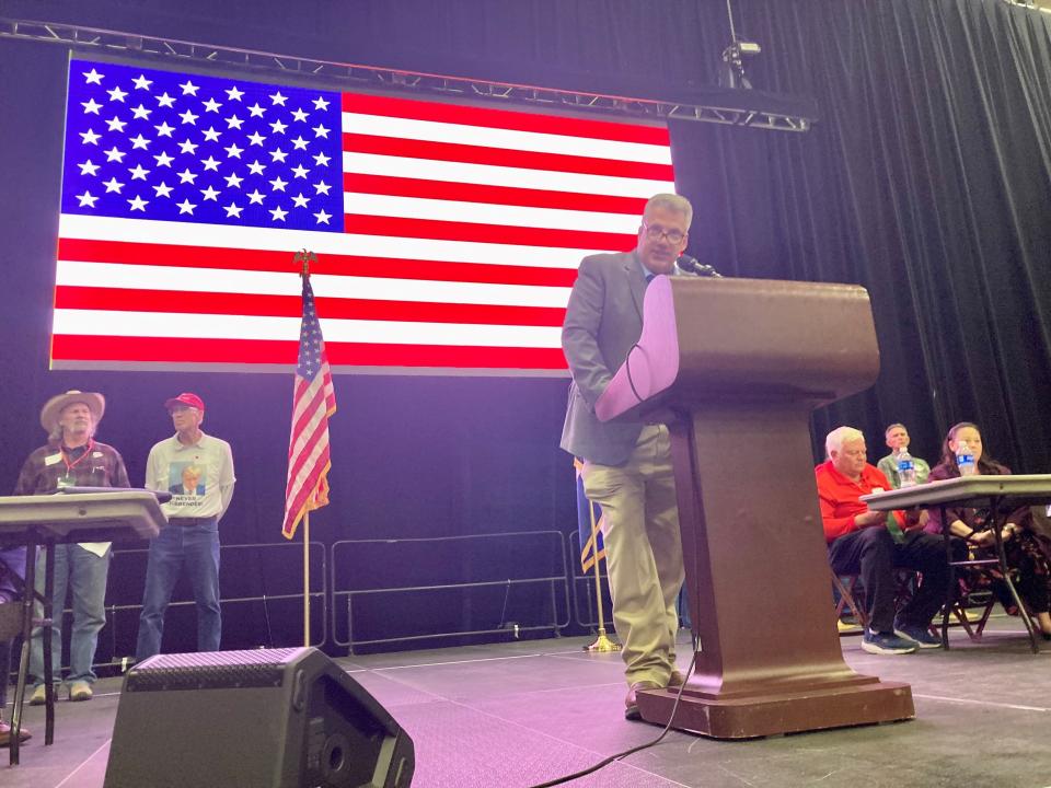 Ron Hanks speaks at the CO-3 assembly in Pueblo on April 5, 2024.