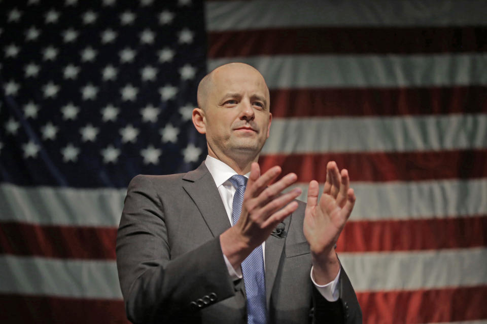 FILE - Conservative presidential candidate Evan McMullin speaks to his supporters during an election night watch party after Republican Donald Trump won Utah, in Salt Lake City on Nov. 8, 2016. Utah Democrats pulling hard to defeat Republican Sen. Mike Lee took the unusual step Saturday, April 23, 2022, of spurning a party hopeful to instead get behind McMullin, an independent and former presidential candidate. Democrats were swayed by calls from prominent members who said McMullin, a conservative who captured a significant share of the vote in Utah in 2016, was the best chance to beat Lee in the deeply conservative state that hasn't elected a Democratic U.S. senator for more than 50 years. (AP Photo/Rick Bowmer, File)