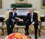 <p>President Donald Trump shakes hands with Canadian Prime Minister Justin Trudeau in the Oval Office of the White House in Washington, Monday, Feb. 13, 2017. (Photo: Evan Vucci/AP) </p>