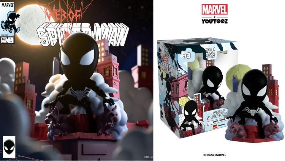 YouTooz collectible figurine of black costumed Spider-Man from Web of Spider-Man #1.