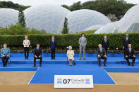 <p>The Queen is seen front and center at an evening reception for the G-7 summit on June 11, along with (left) Germany's Chancellor Angela Merkel, President of the European Commission Ursula von der Leyen, France's President Emmanuel Macron, Japan's Prime Minister Yoshihide Suga, Canada's Prime Minister Justin Trudeau, Britain's Prime Minister Boris Johnson, Italy's Prime minister Mario Draghi, President of the European Council Charles Michel and U.S. President Joe Biden.</p>