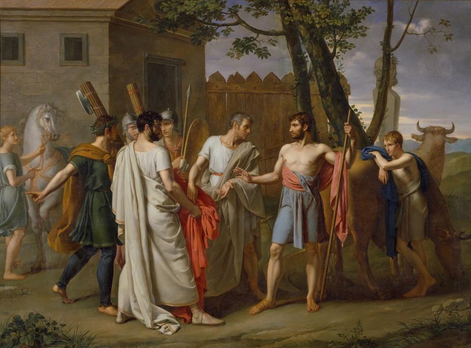 <span class="caption">Cincinnatus abandonne sa charrue pour suivre les sénateurs venus lui proposer la dictature. Tableau de Juan Antonio de Ribera, 1806.</span> <span class="attribution"><a class="link " href="https://upload.wikimedia.org/wikipedia/commons/8/81/Cincinato_abandona_el_arado_para_dictar_leyes_a_Roma%2C_c.1806_de_Juan_Antonio_Ribera.jpg" rel="nofollow noopener" target="_blank" data-ylk="slk:Wikipédia;elm:context_link;itc:0;sec:content-canvas">Wikipédia</a></span>