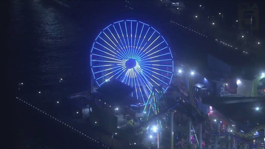 The Ferris wheel on the Santa Monica Pier honored KTLA broadcaster Sam Rubin on May 10, 2024. (KTLA)