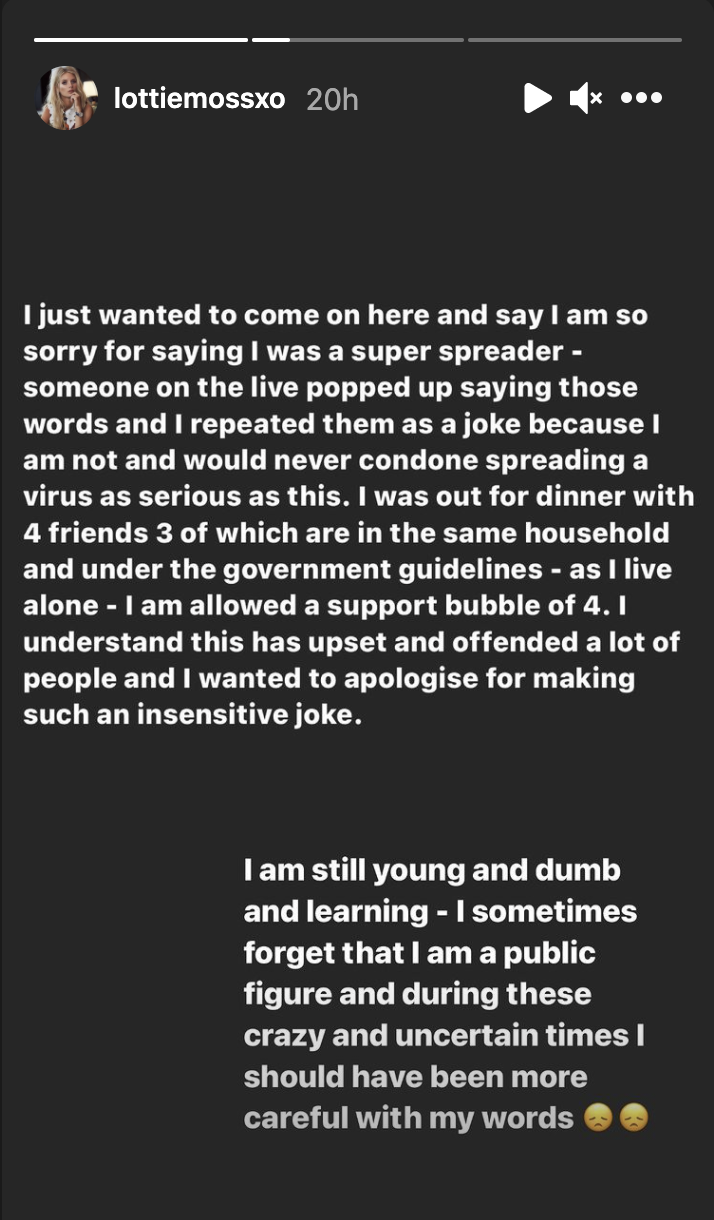 Lottie Moss issued an apology on her Instagram. (Lottie Moss/Instagram)