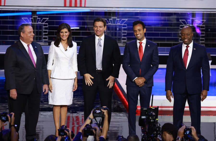 (Left to right) Republican presidential candidates, former New Jersey Gov. Chris Christie, former U.N. Ambassador Nikki Haley, Florida Gov. Ron DeSantis, Vivek Ramaswamy and U.S. Sen. Tim Scott (R-SC) are introduced during the NBC News Republican Presidential Primary Debate at the Adrienne Arsht Center for the Performing Arts of Miami-Dade County on Nov. 8, 2023 in Miami. Five presidential hopefuls squared off in the third Republican primary debate as former U.S. President Donald Trump, currently facing indictments in four locations, declined again to participate. (Photo by Joe Raedle/Getty Images)