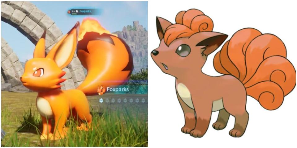 A side-by-side comparison of two fox characters from Palworld (left) and Pokemon (right). Both are shades of orange and have similar large plumed tails, cute faces and a white belly, however they also have several general differences.