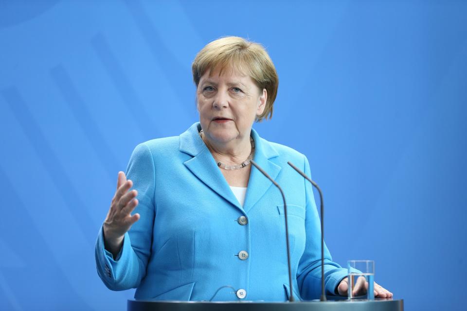 BERLIN, GERMANY - JULY 10: German Chancellor, Angela Merkel answers the questions of press members with Prime Minister of Finland Antti Rinne (not seen) following their meeting in Berlin, Germany on July 10, 2019. (Photo by Cuneyt Karadag/Anadolu Agency/Getty Images)