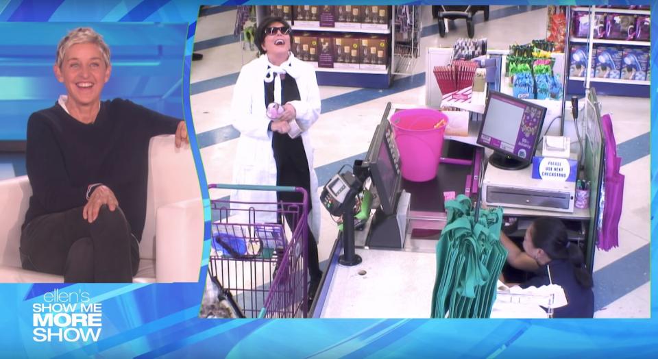 Kris Jenner laughs loudly after telling the cashier, who briefly hid behind the register,&nbsp;that she was being pranked on "The Ellen DeGeneres Show." (Photo: The Ellen Show)